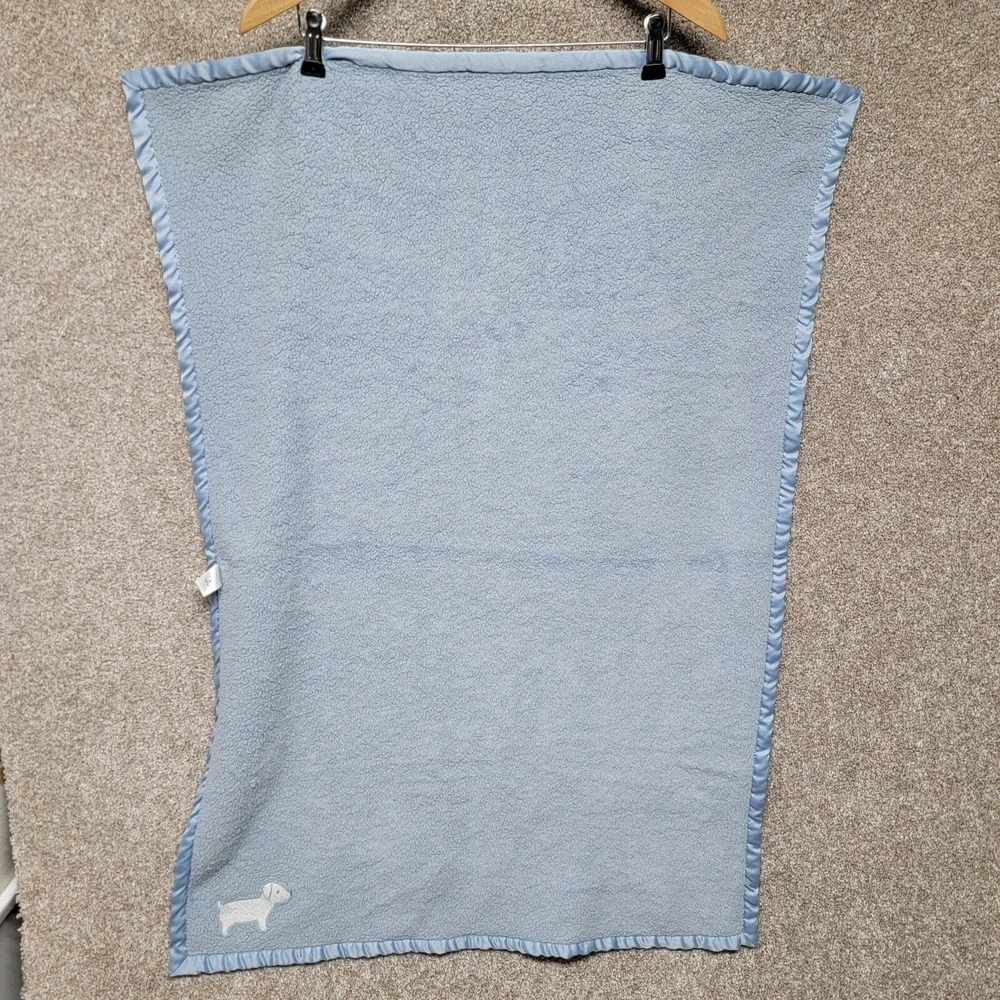 White Dog Baby Blanket Carter's Puppy Embroidered‎ Blue Satin Trim